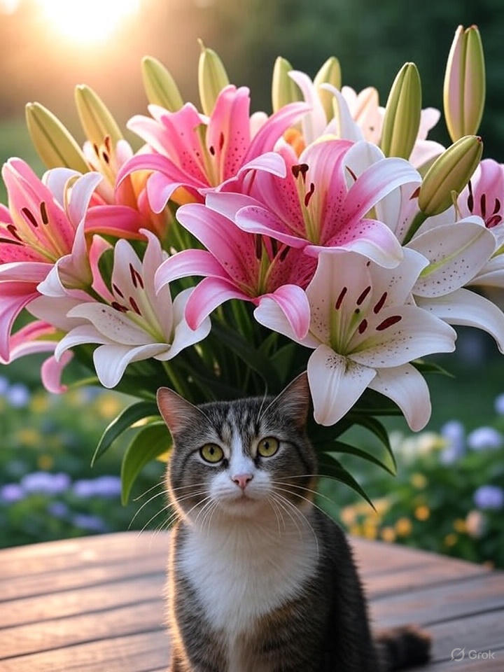 Cat in front of Lilies